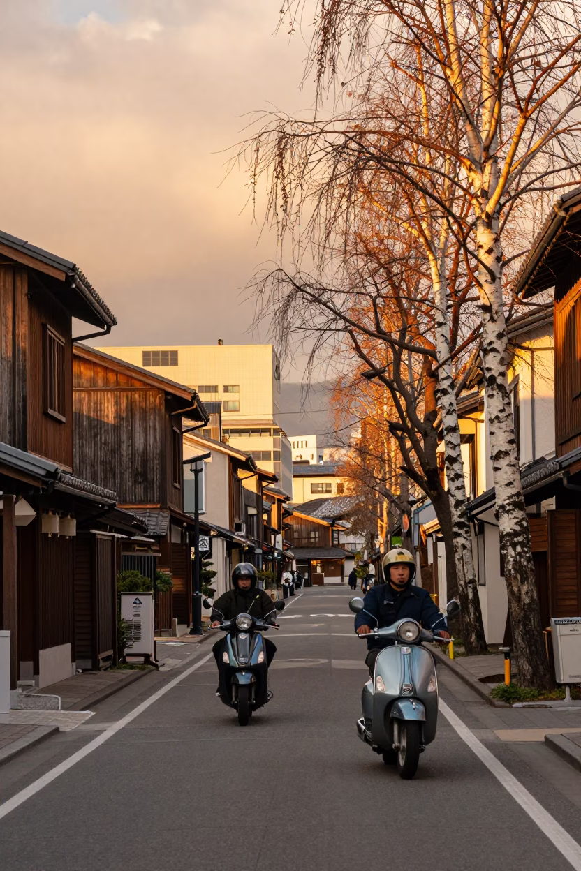 Sapporo Evening Street Scene with Scooter and Birch Trees in Honeyed Light in in Sapporo, Japan