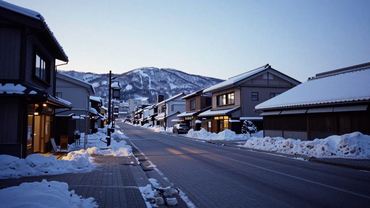 Sapporo Evening Street Scene with Snowy Hills and Traditional Bonsai Display in in Sapporo, Japan