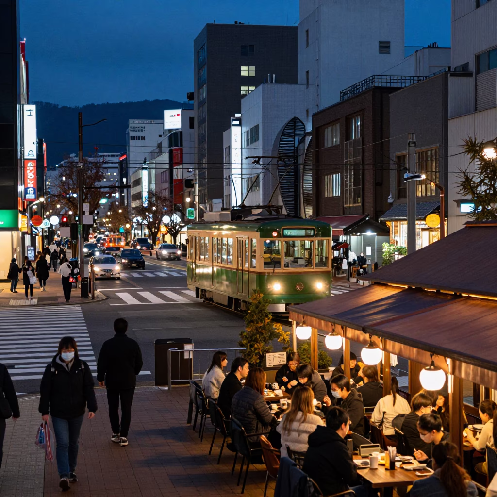 Sapporo Evening Street Scene with Tram and Local Diners in in Sapporo, Japan