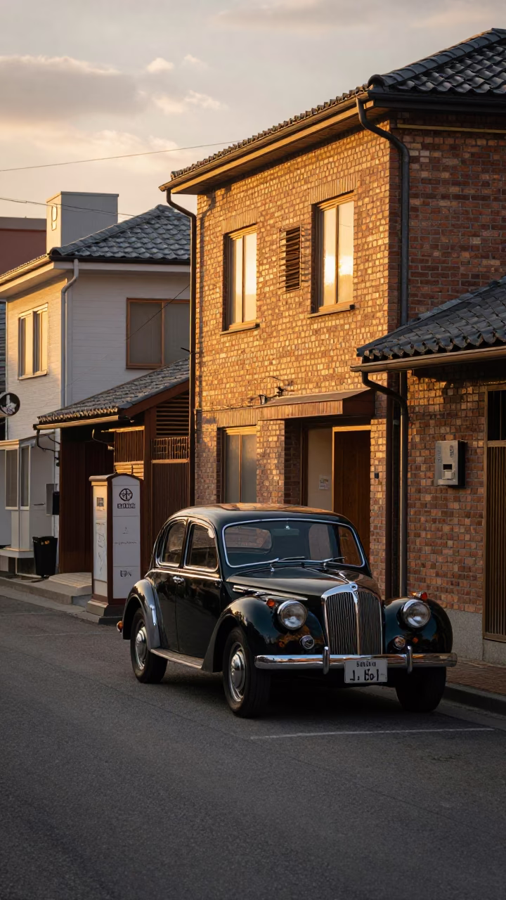 Sapporo Evening Street Scene with Vintage Car and Brick Architecture in in Sapporo, Japan