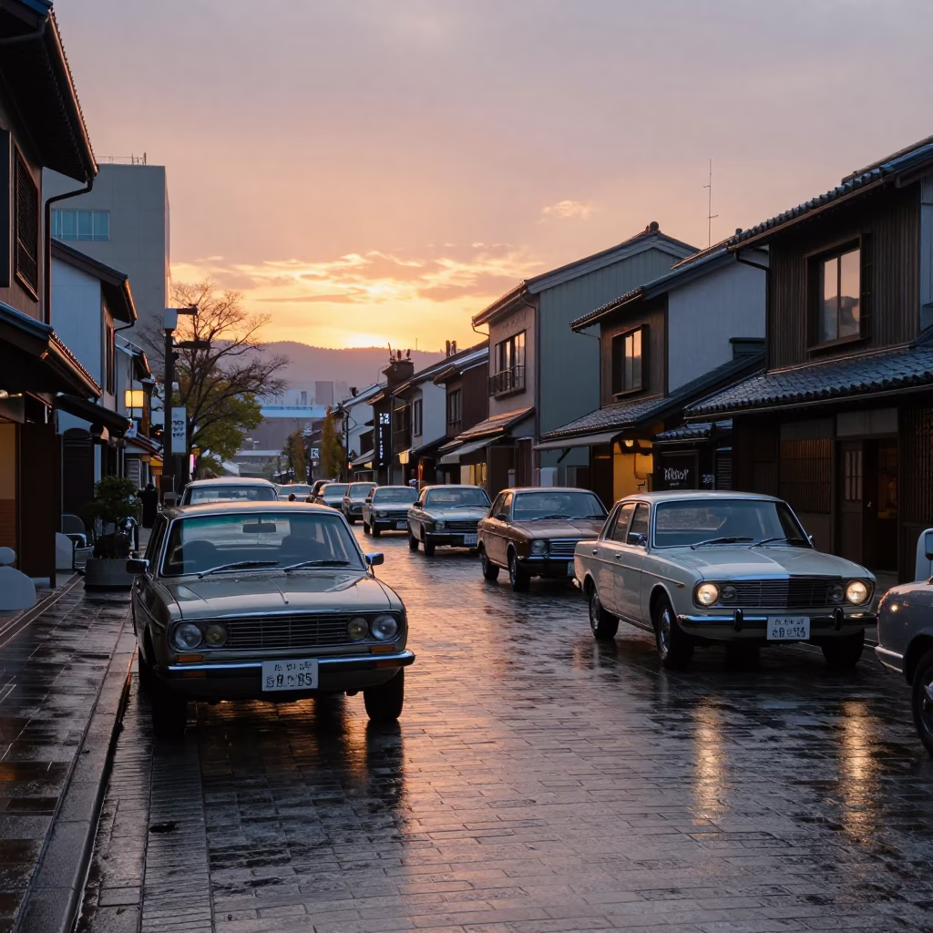 Sapporo Evening Street Scene with Vintage Cars and Traditional Lanterns in in Sapporo, Japan