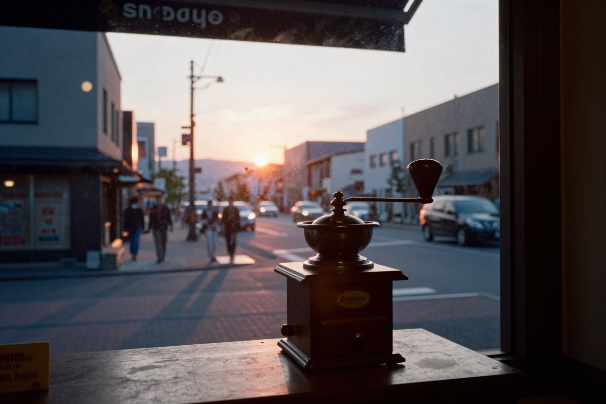 Sapporo Evening Street Scene with Vintage Coffee Grinder and Urban Life in in Sapporo, Japan