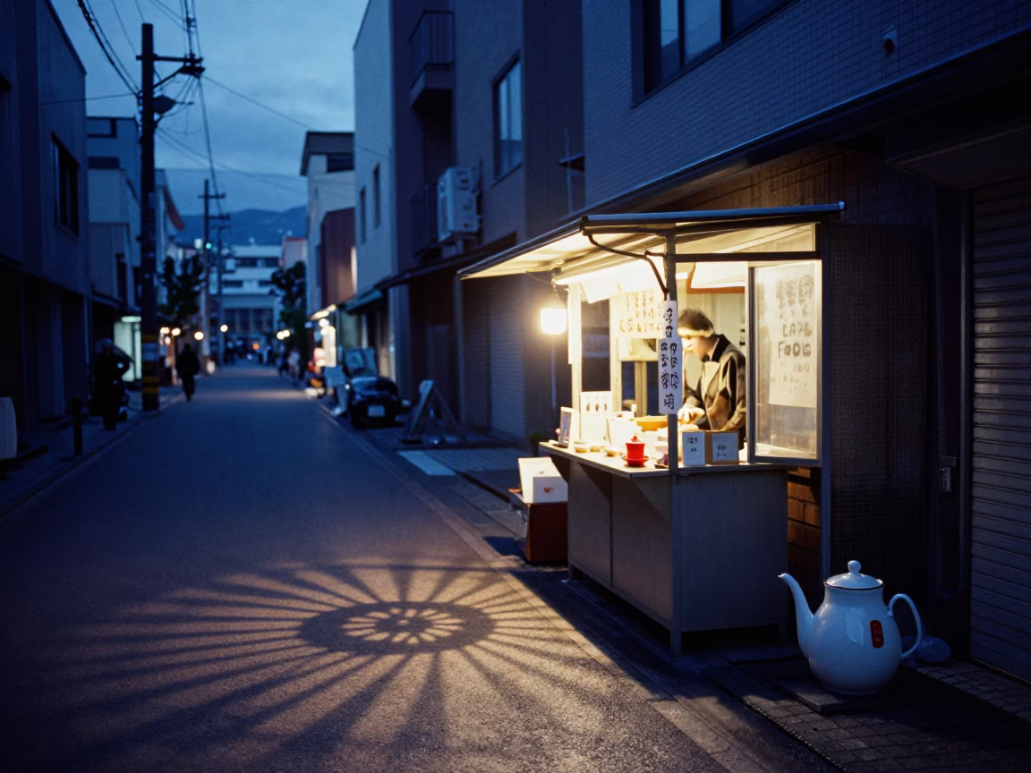 Sapporo Evening Street Scene with Wicker Shadow and Tea Kettle in in Sapporo, Japan