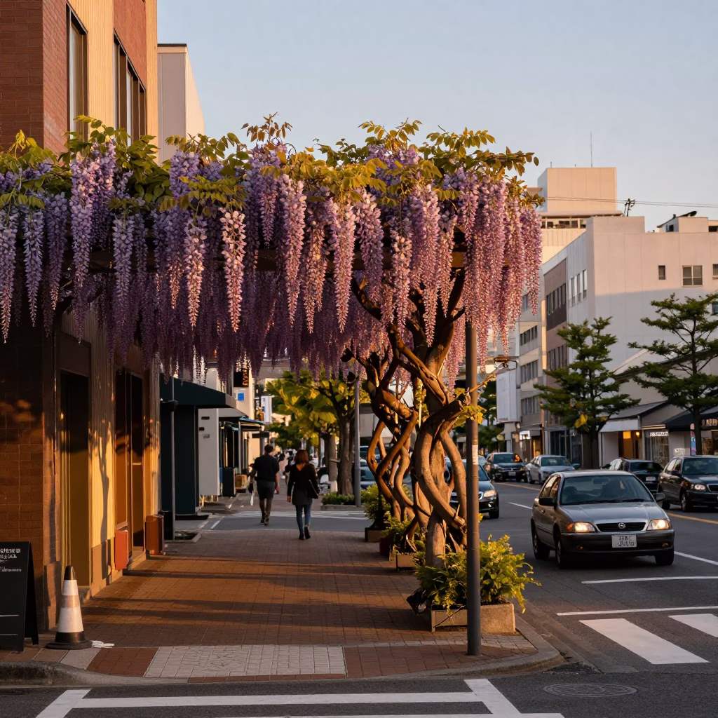 Sapporo Evening Street Scene with Wisteria and Urban Details in Honeyed Light in in Sapporo, Japan