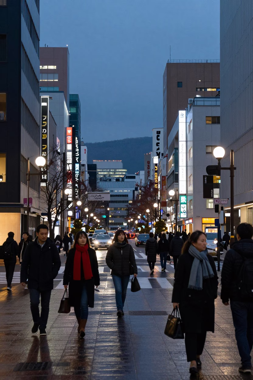 Sapporo Evening Street Scene with Wool Scarves and City Lights Glow in in Sapporo, Japan