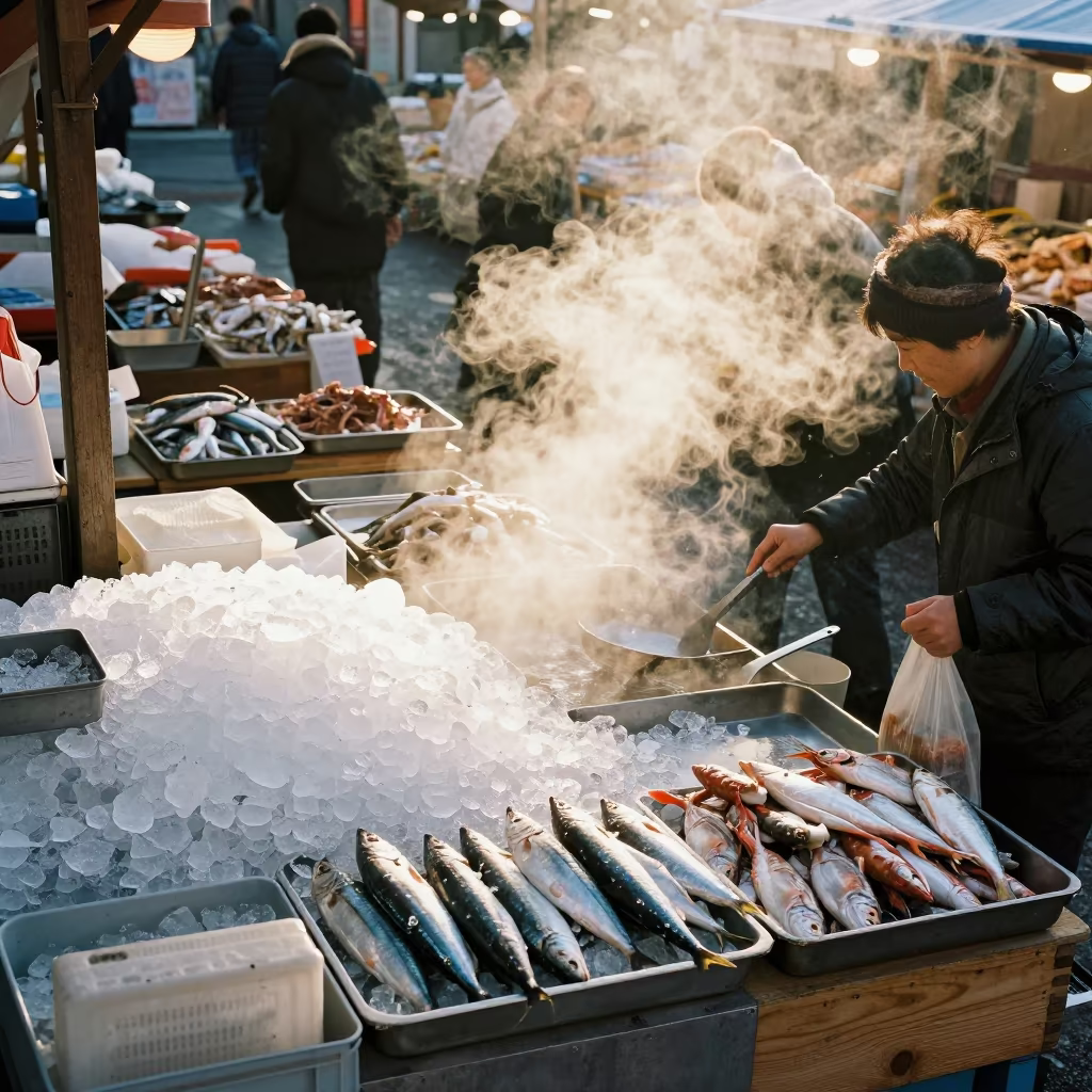 Sapporo Fish Market Dawn Steam and Scales in at a market stall in Sapporo
