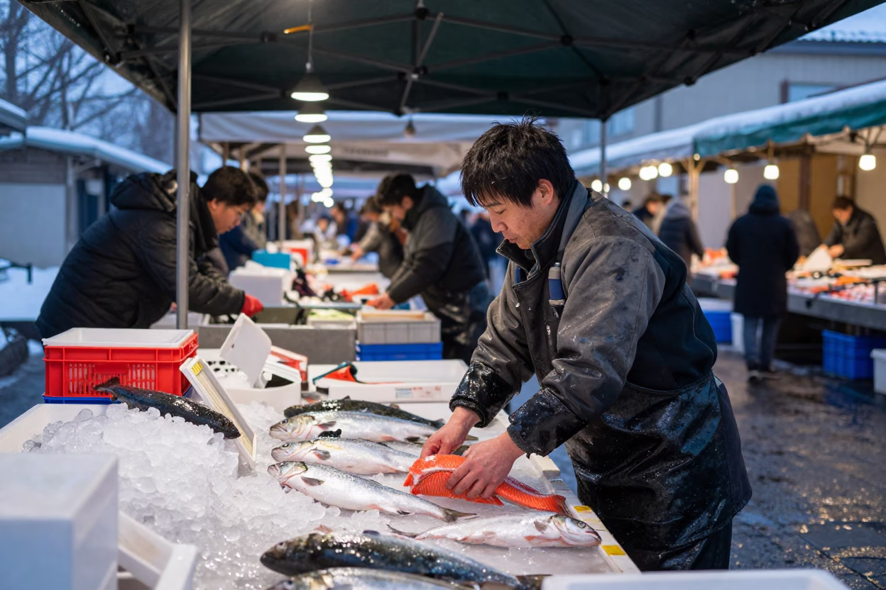 Sapporo Fish Market Vendor Scaling Salmon at Dawn in under a market canopy in Sapporo