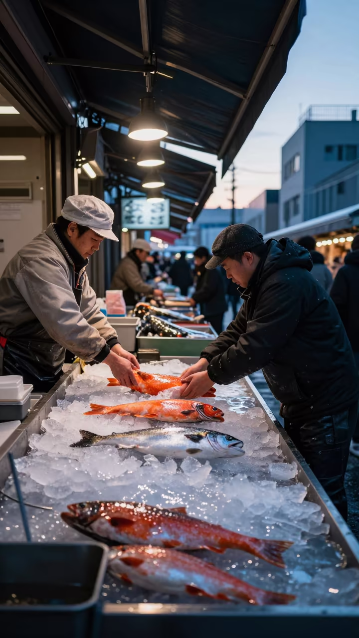 Sapporo Fish Market Vendor Scaling Salmon at Dawn in at a market stall in Sapporo