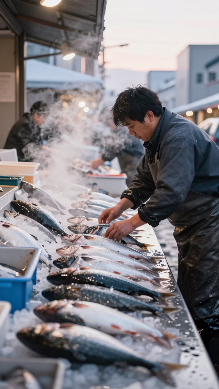 Sapporo Fish Vendor Arranges Catch on Ice in beside a fish counter in Sapporo