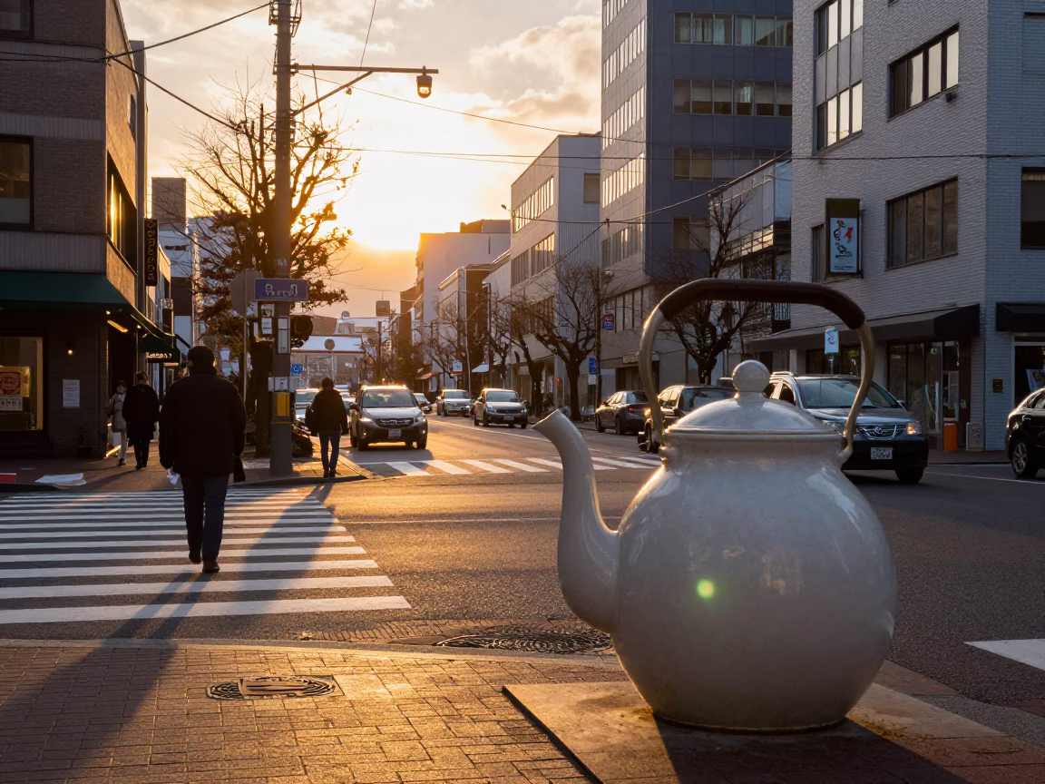 Sapporo Golden Hour Street Scene with Vintage Teapot and Local Life in in Sapporo, Japan