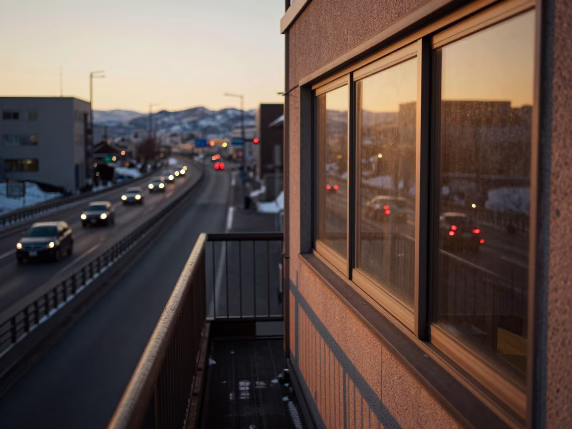 Sapporo Highway Taillights Pier Window View in on a pier railing in Sapporo