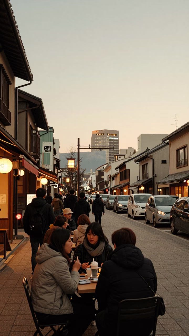 Sapporo Hokkaido Evening Street Scene with Traditional Architecture and Local Diners in in Sapporo, Japan