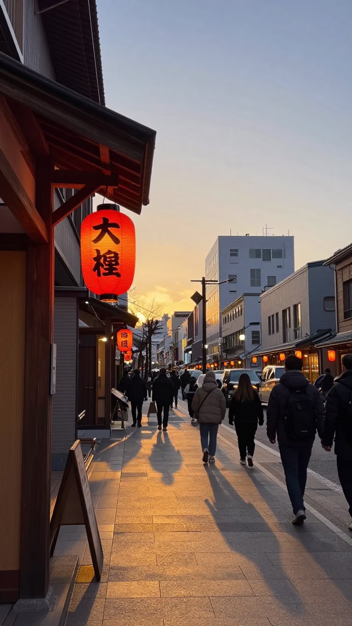 Sapporo Hokkaido Japan Evening Street Scene with Traditional Lanterns and Pedestrians in in Sapporo, Japan