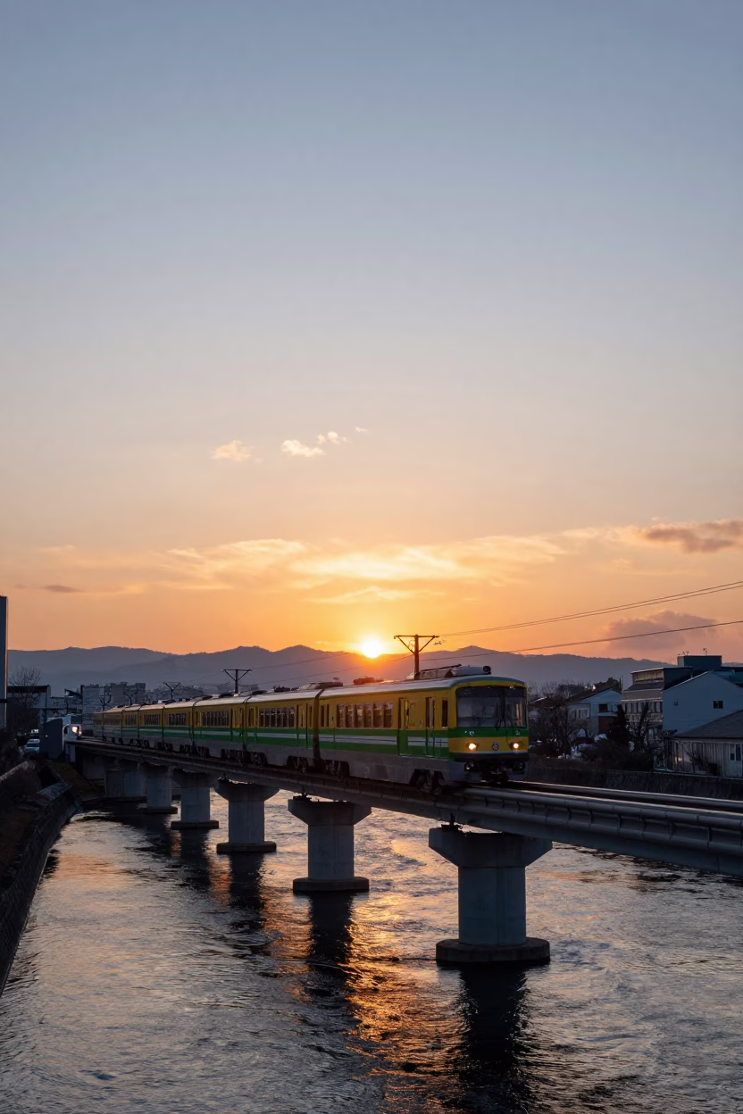 Sapporo Hokkaido Monorail Crossing River at Sunset with City Skyline in in Sapporo, Japan