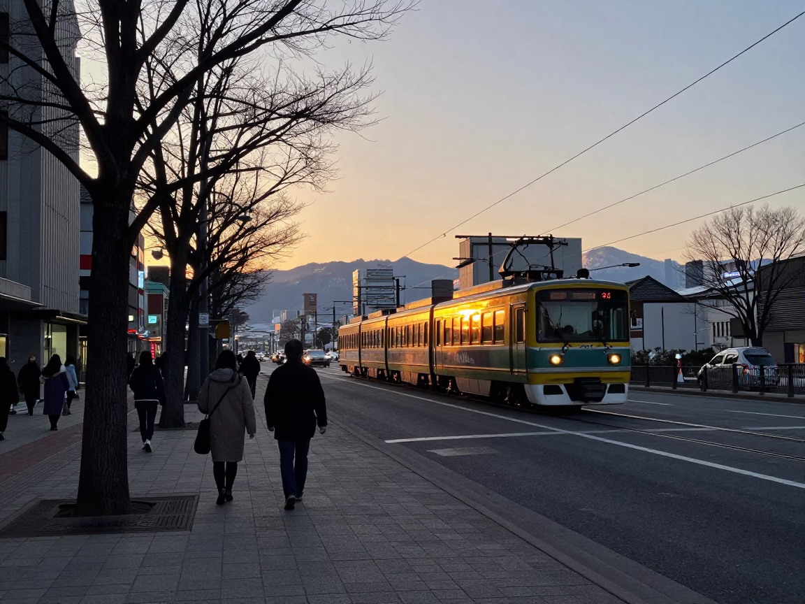 Sapporo Hokkaido Sunset Street Scene with Monorail Reflection and Wool Scarves in in Sapporo, Japan