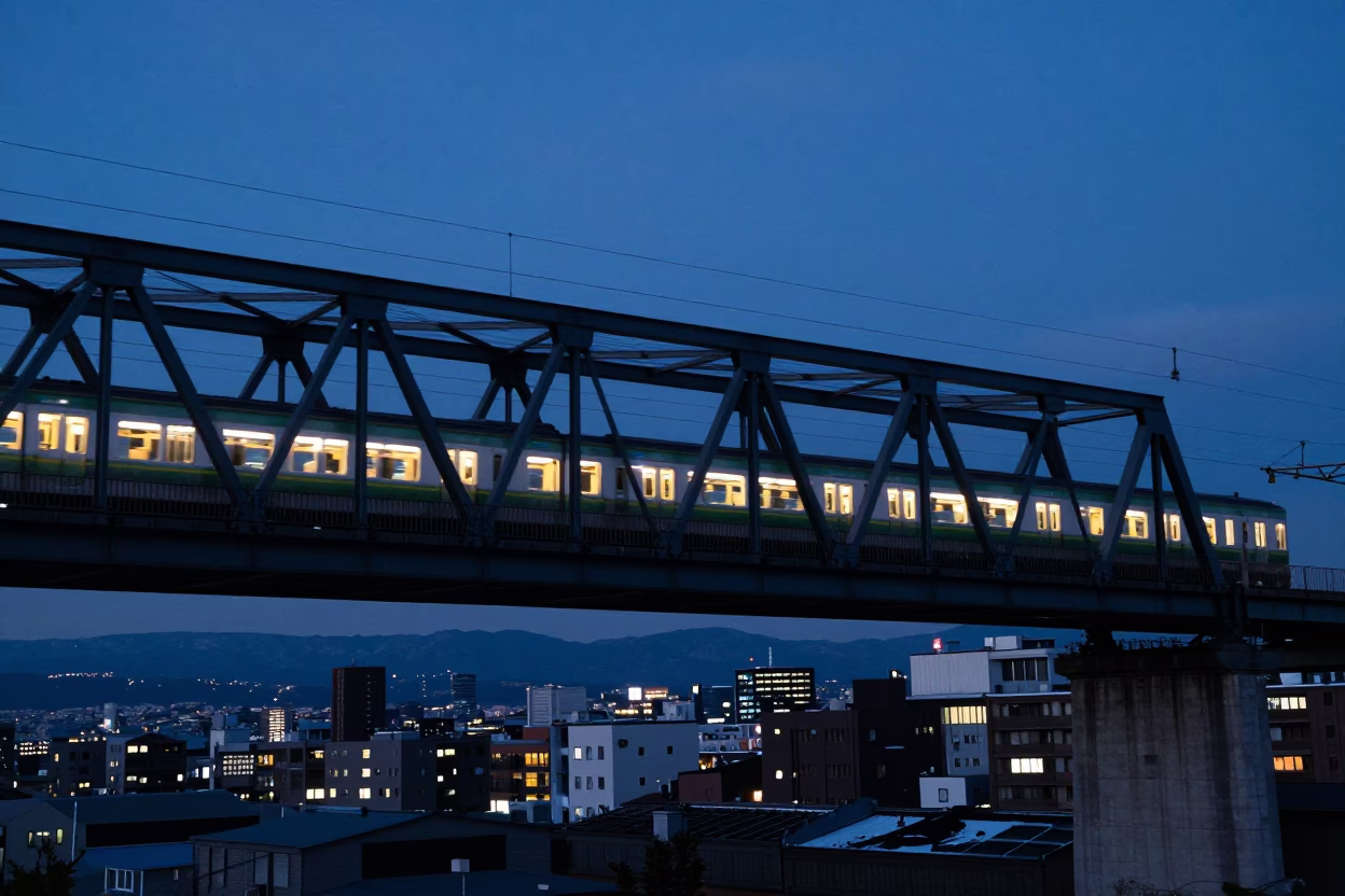 Sapporo Indigo Twilight Commuter Train Crossing Bridge Over City Streets in in Sapporo, Japan