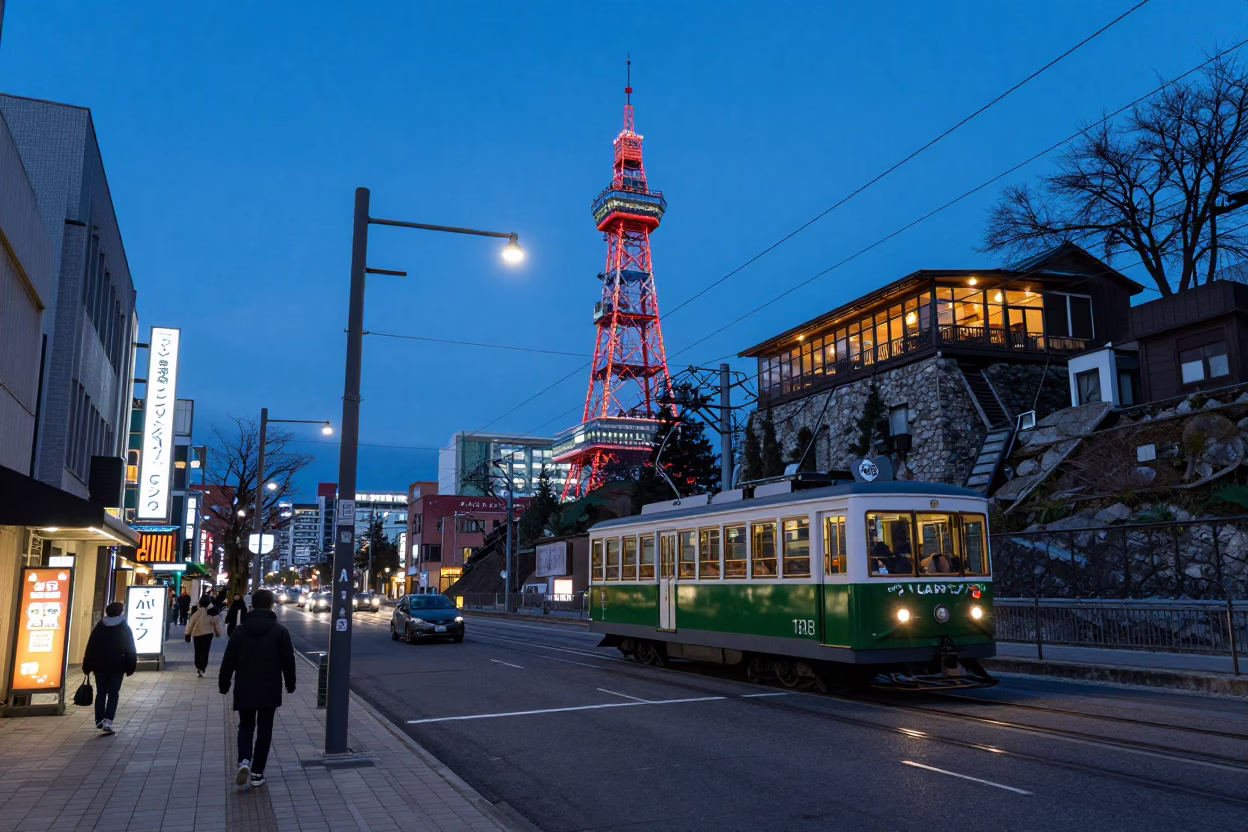 Sapporo Indigo Twilight Street Scene with Funicular and Local Life in in Sapporo, Japan