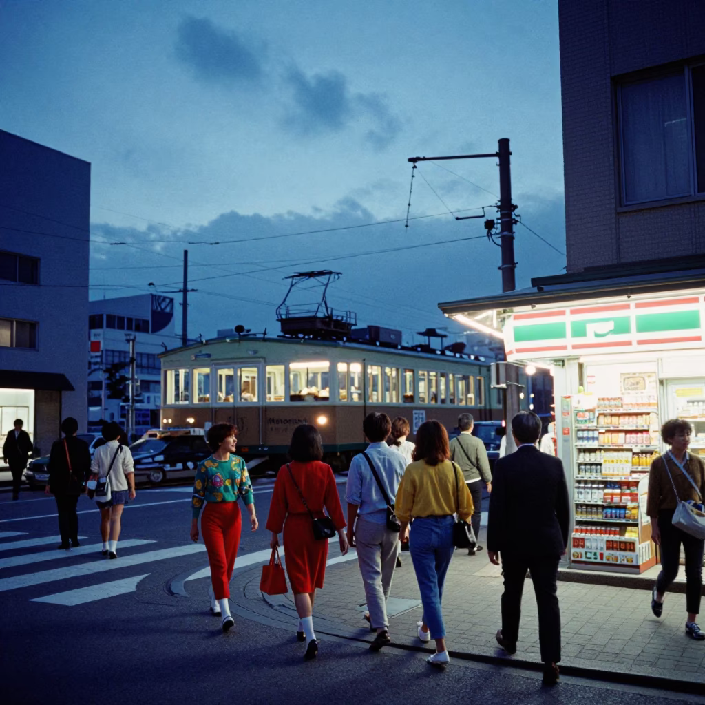 Sapporo Indigo Twilight Street Scene with Funicular Railway and Urban Life in in Sapporo, Japan