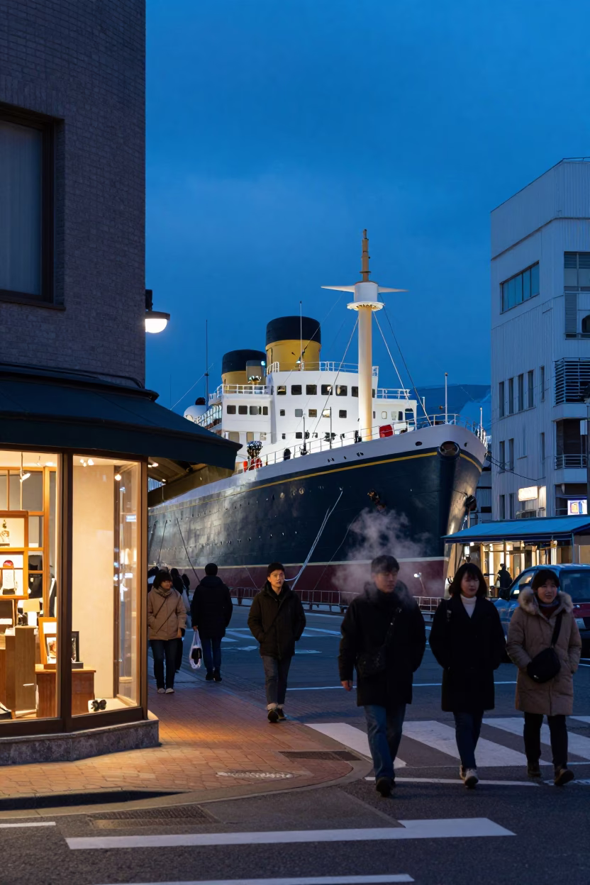 Sapporo indigo twilight street scene with steamship model and bellows in window display in in Sapporo, Japan