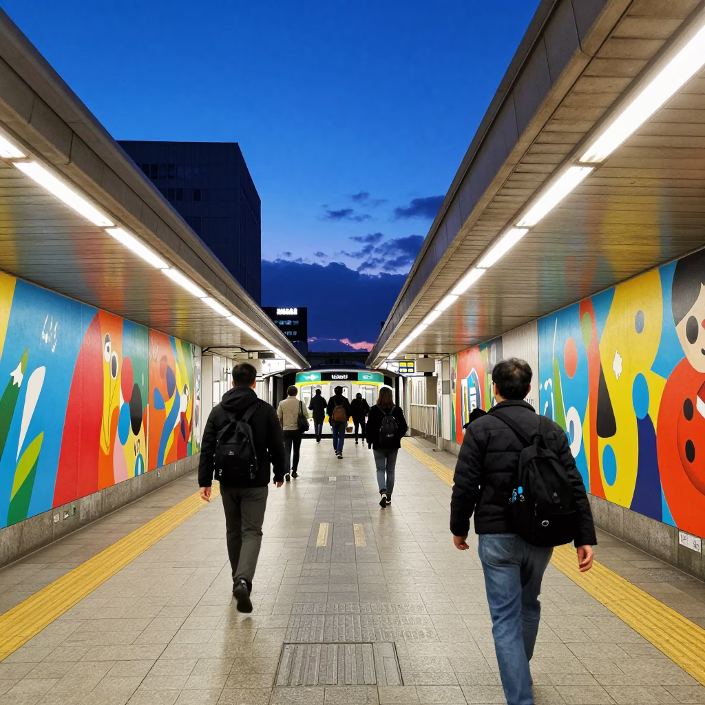 Sapporo Japan Blue Hour Metro Station Interior With Colorful Art Murals And Commuters in in Sapporo, Japan