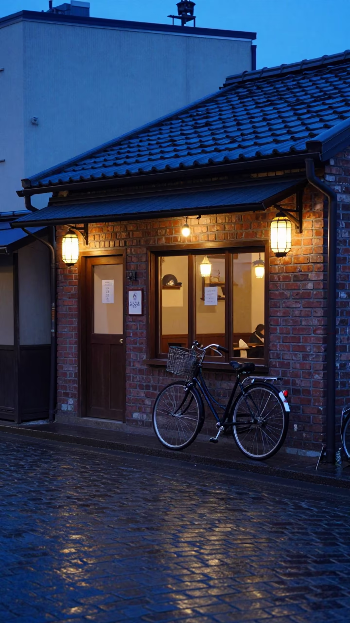 Sapporo Japan Blue Hour Street Scene With Bicycle Leaning Against Cafe in in Sapporo, Japan