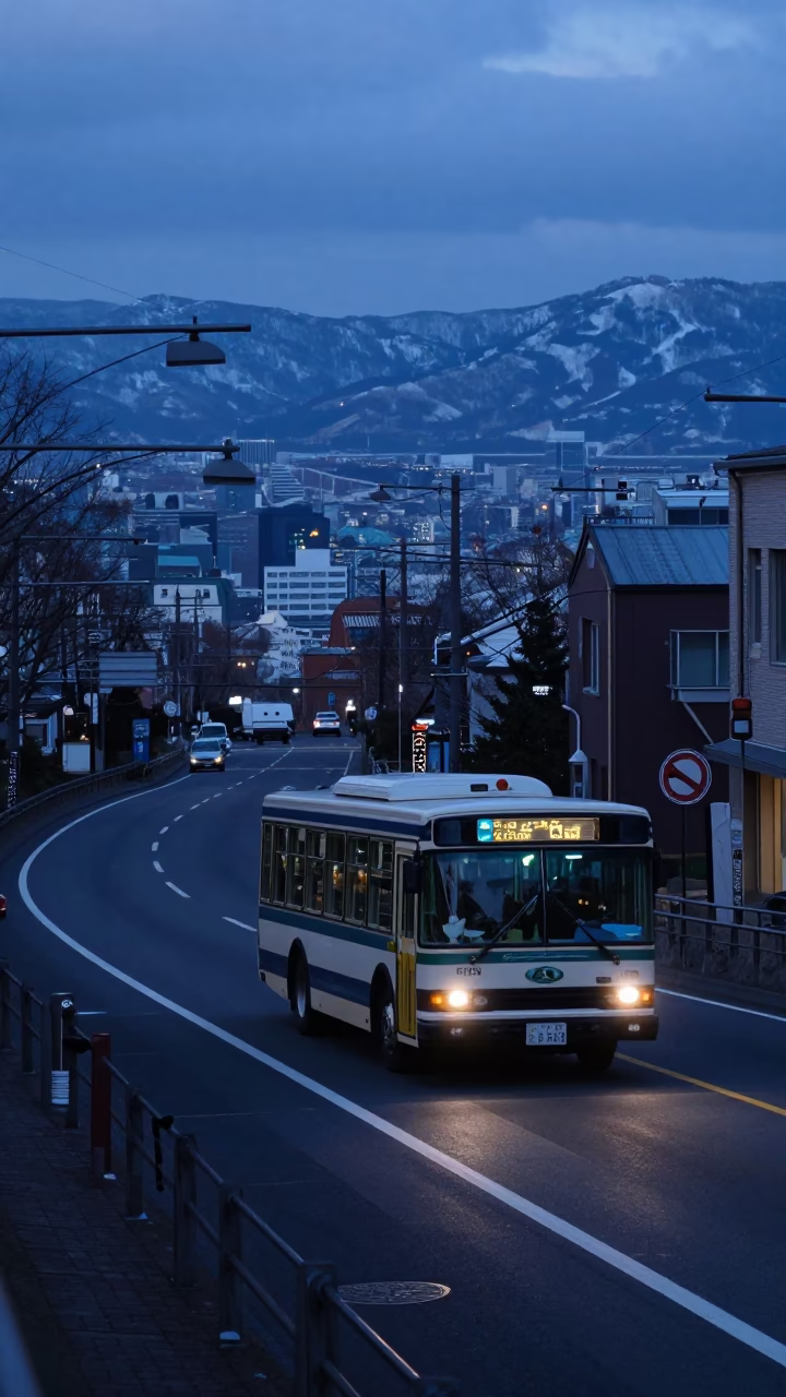 Sapporo Japan Blue Hour Street Scene with Classic Bus and Urban Details in in Sapporo, Japan