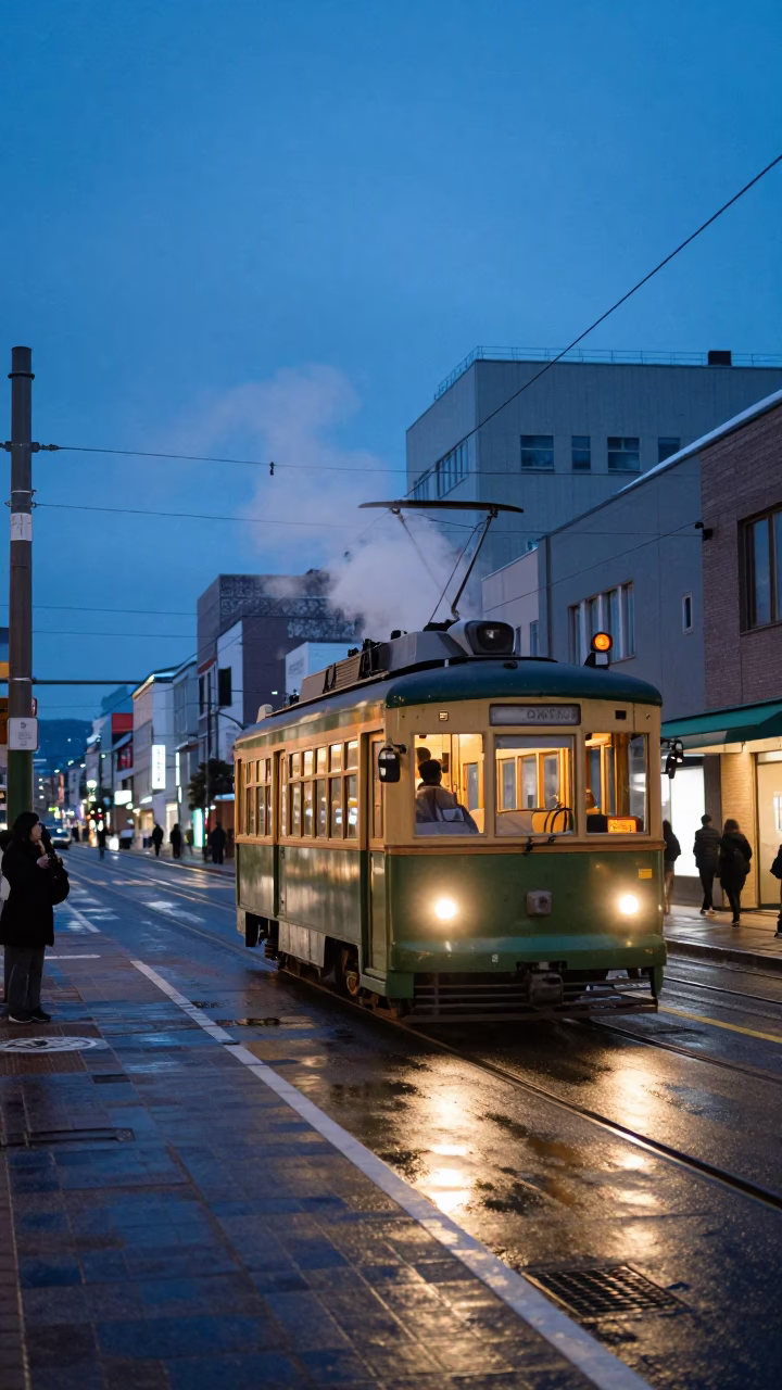 Sapporo Japan Blue Hour Street Scene with Heritage Tram and Steaming District Heating Pipes in in Sapporo, Japan