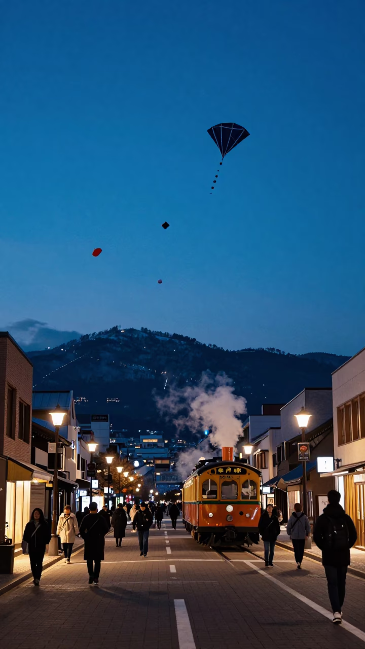 Sapporo Japan Blue Hour Street Scene with Kite Festival and Heritage Steam Train in in Sapporo, Japan