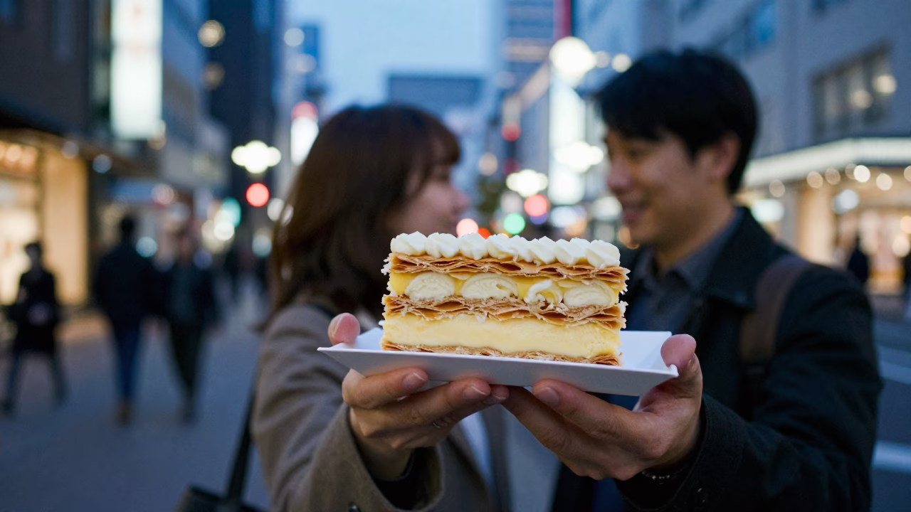Sapporo Japan Blue Hour Street Scene with Mille-Feuille Dessert and City Lights in in Sapporo, Japan