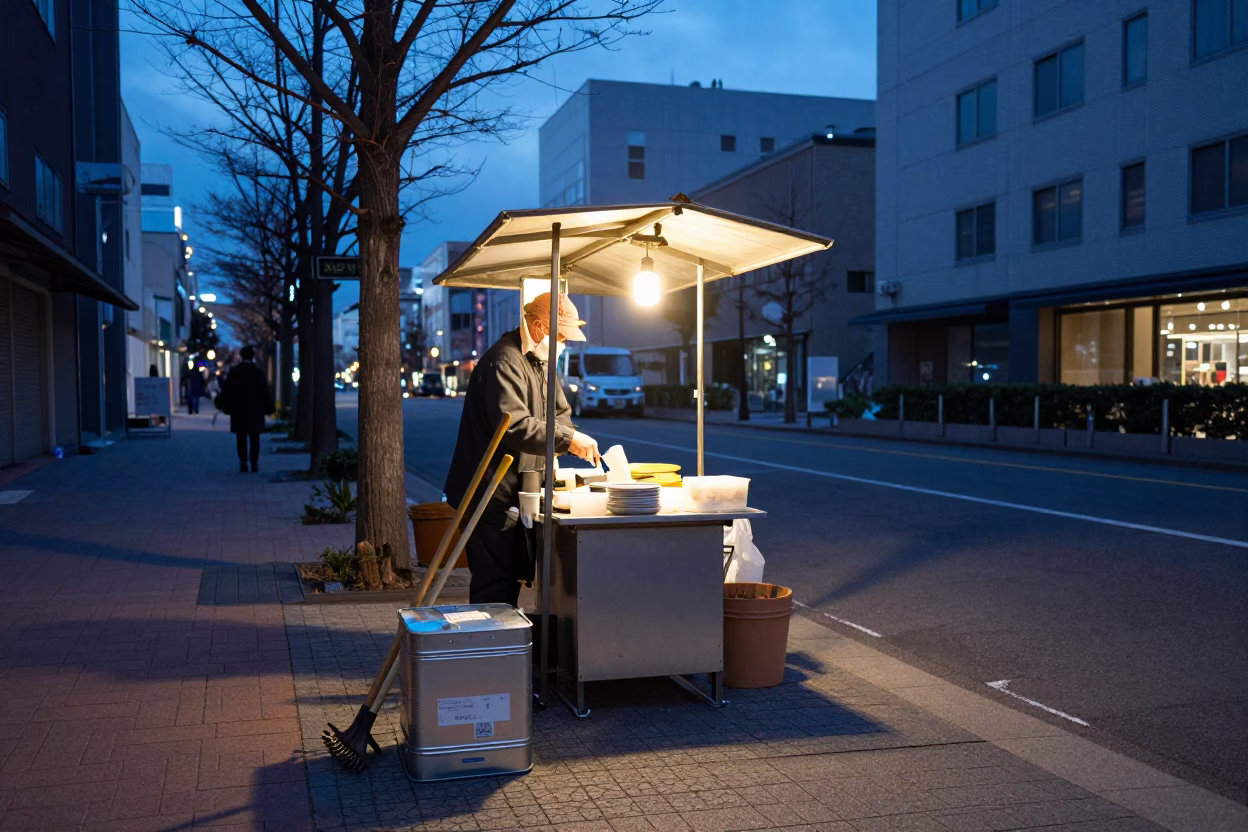 Sapporo Japan Blue Hour Street Scene with Tin Box and Rake Heads in in Sapporo, Japan