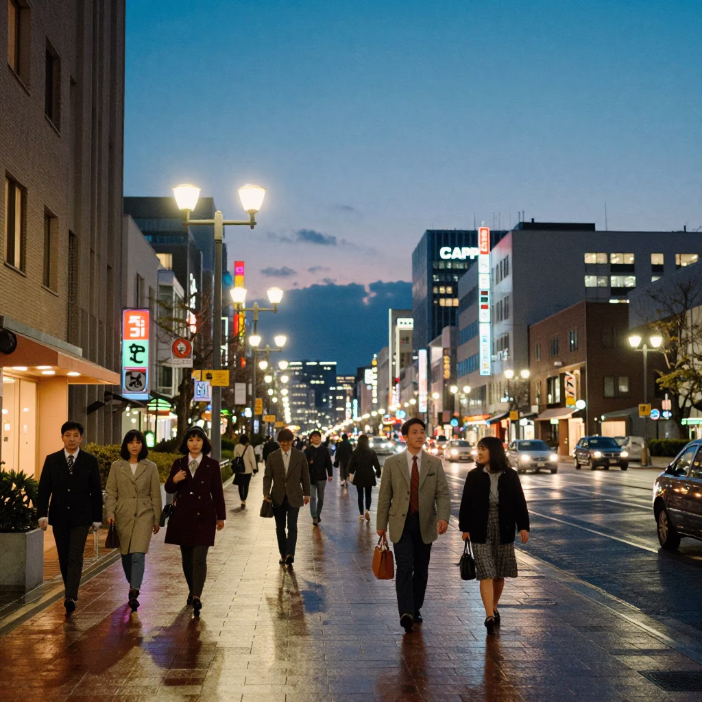 Sapporo Japan City Lights Glow Evening Street Scene with Vintage Fashion and Urban Activity in in Sapporo, Japan
