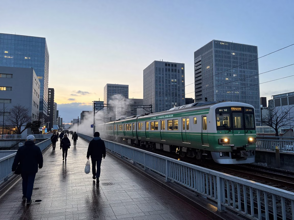 Sapporo Japan dawn commuter train crossing bridge blue hour cityscape in in Sapporo, Japan