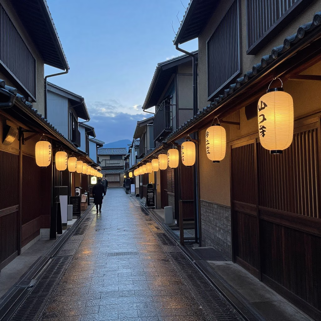 Sapporo Japan Dawn Street Scene with Paper Lanterns and Early Morning Commuters in in Sapporo, Japan