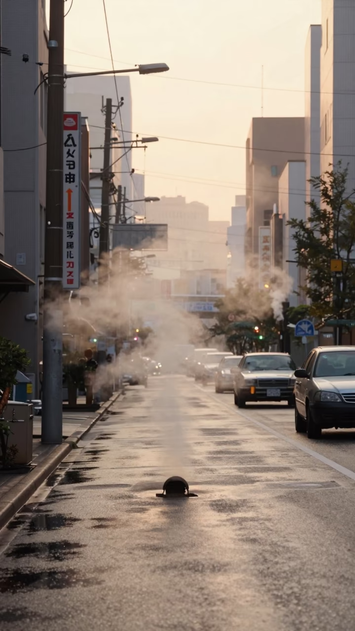 Sapporo Japan Dawn Street Scene with Steam Haze and Vintage 1950s Urban Life in in Sapporo, Japan