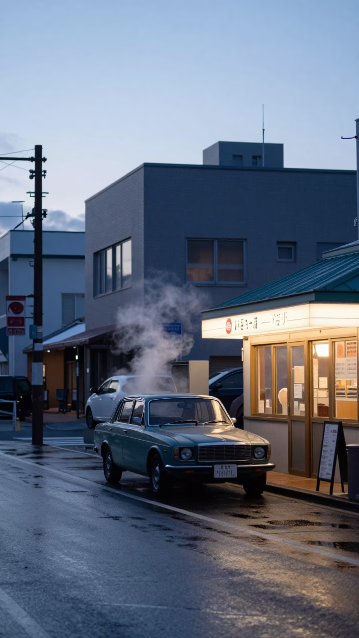 Sapporo Japan Dawn Street Scene with Vintage Car and Local Life at First Light in in Sapporo, Japan