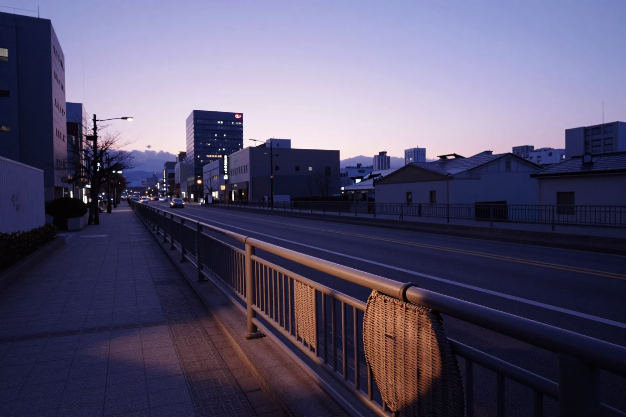 Sapporo Japan Dawn Street Scene with Wicker Shadow on Rail in in Sapporo, Japan