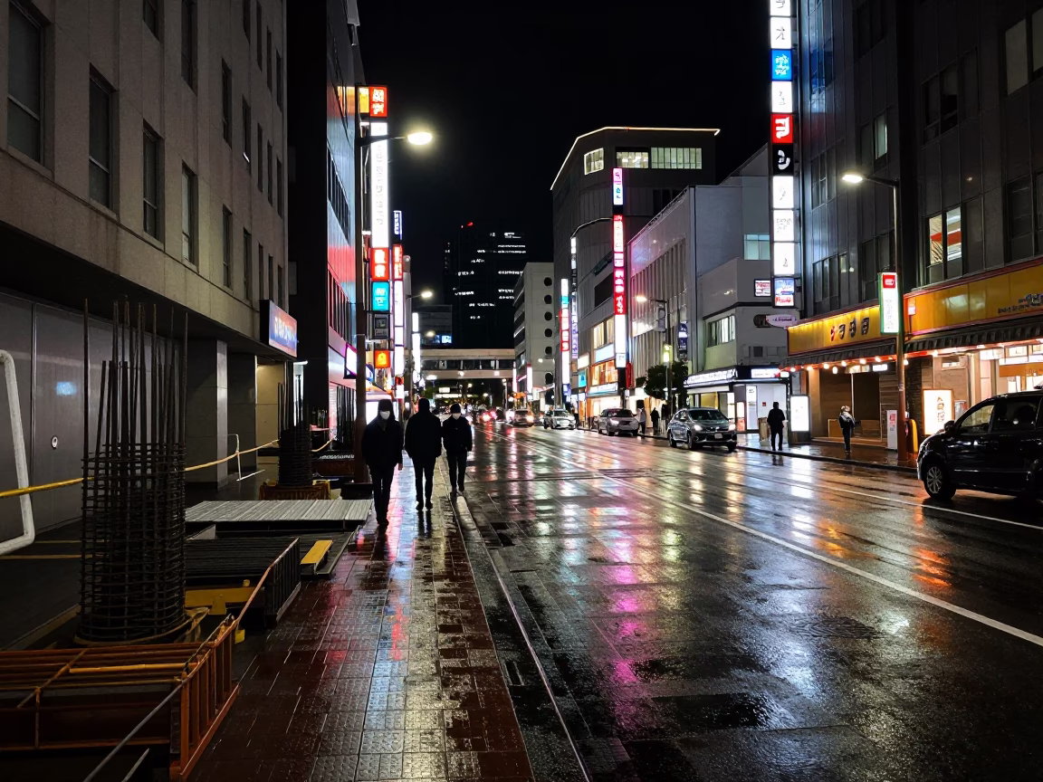 Sapporo Japan Deep Night Street Scene with Construction Rebar and Urban Fashion Elements in in Sapporo, Japan