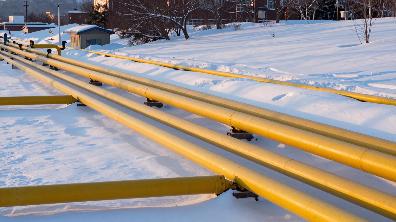 Sapporo Japan District Heating Pipe Corridor Across Snow Covered Ground at Sunset in in Sapporo, Japan