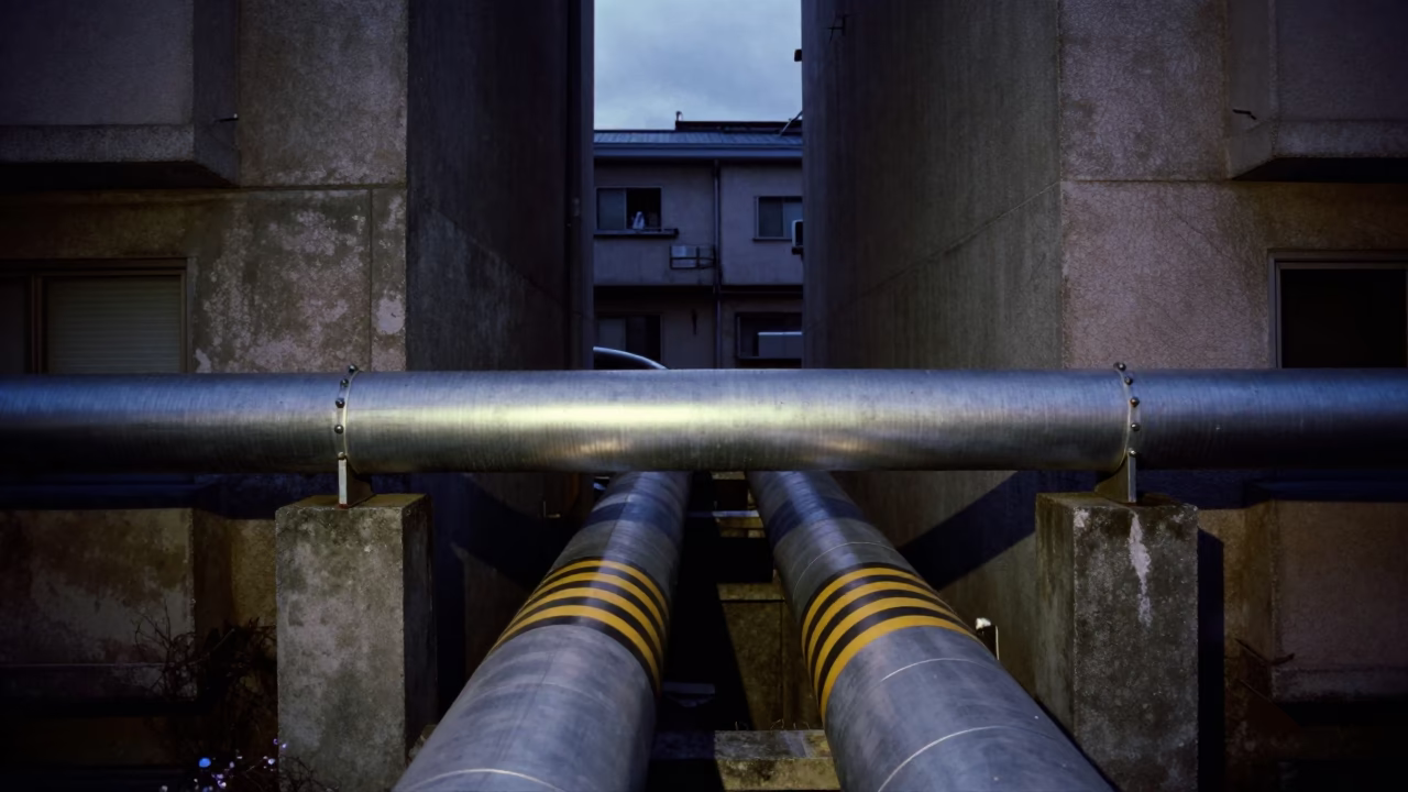 Sapporo Japan District Heating Pipes Crossing Concrete Blocks in Predawn Darkness in in Sapporo, Japan