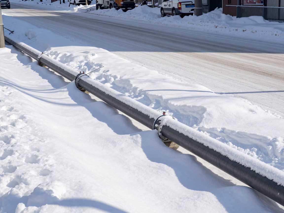 Sapporo Japan District Heating Pipes Snowy Midmorning Street Scene in in Sapporo, Japan