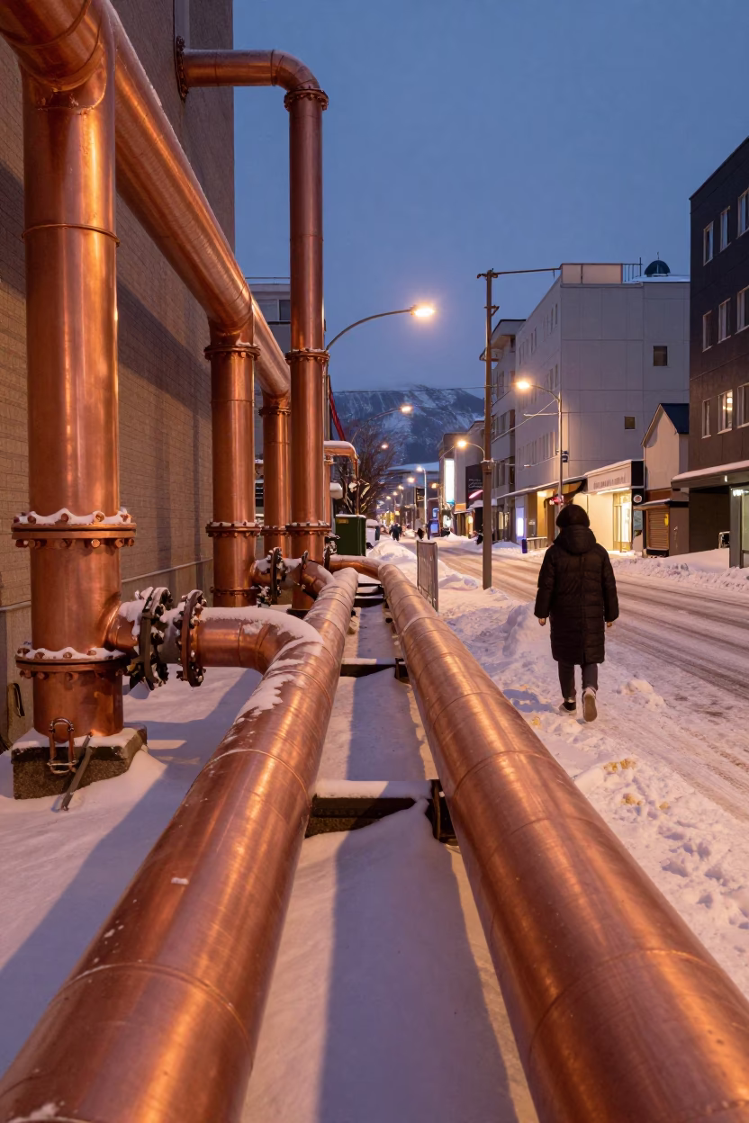 Sapporo Japan Dusk Street Scene with District Heating Pipes and Snow in in Sapporo, Japan