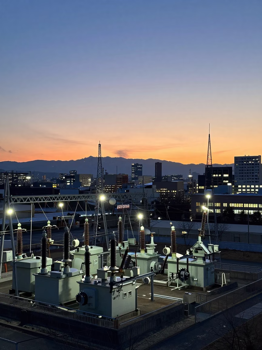Sapporo Japan Dusk Substation Insulators and District Heating Infrastructure in in Sapporo, Japan