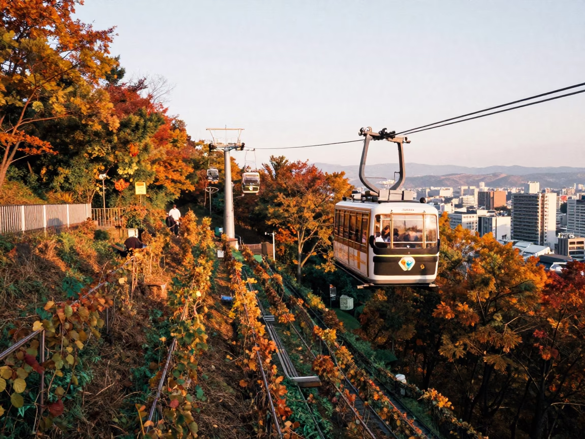 Sapporo Japan Early Afternoon Funicular Autumn Vines and Urban Hillside Landscape in in Sapporo, Japan