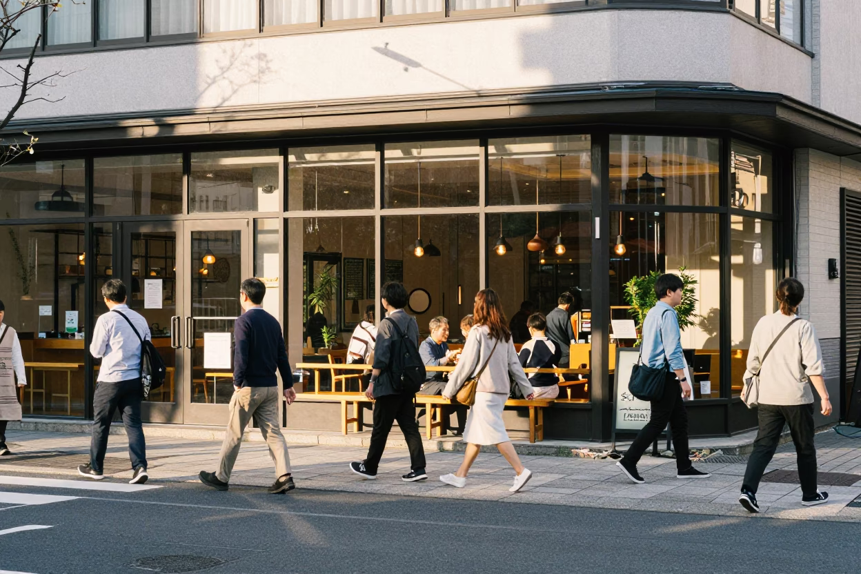 Sapporo Japan Early Afternoon Street Scene with Local Cafe and Urban Details in in Sapporo, Japan