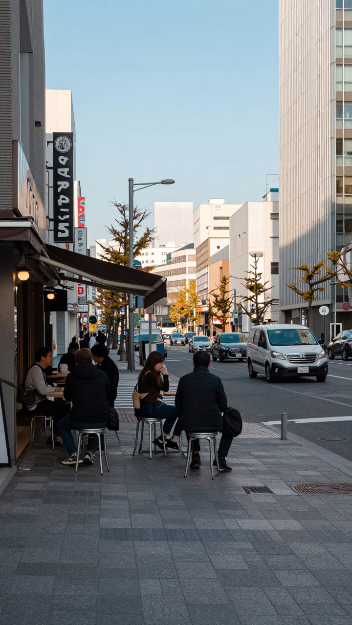 Sapporo Japan early afternoon street scene with metal stools and local pedestrians in in Sapporo, Japan