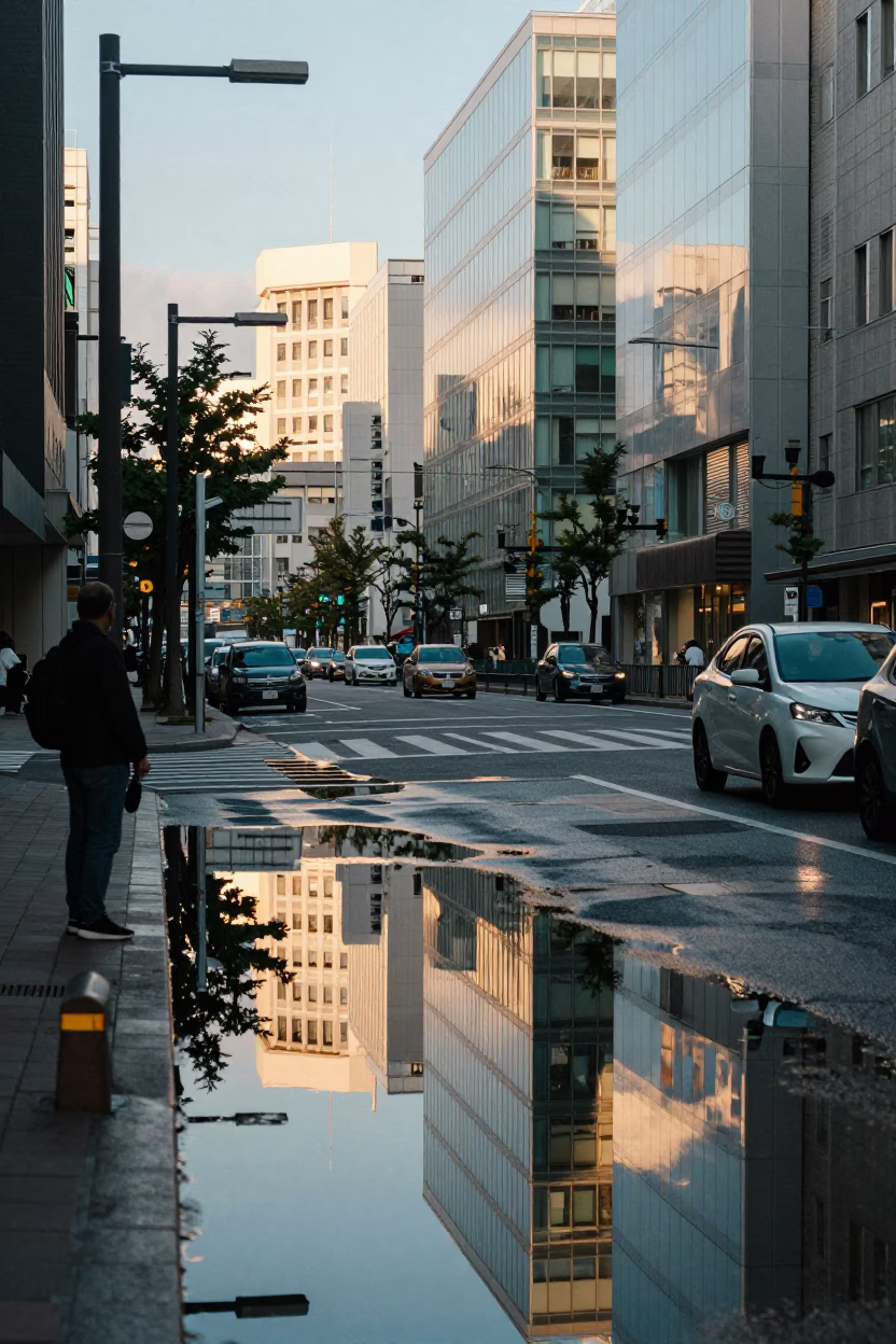 Sapporo Japan Early Afternoon Street Scene with Puddle Reflections and Local Life in in Sapporo, Japan