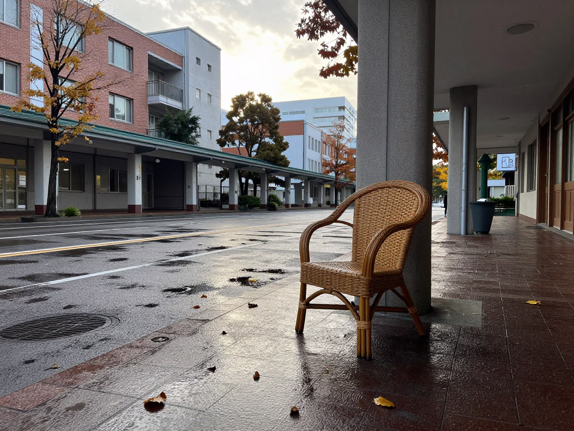 Sapporo Japan Early Afternoon University Arcade with Wet Leaves and Rattan Chair in in Sapporo, Japan
