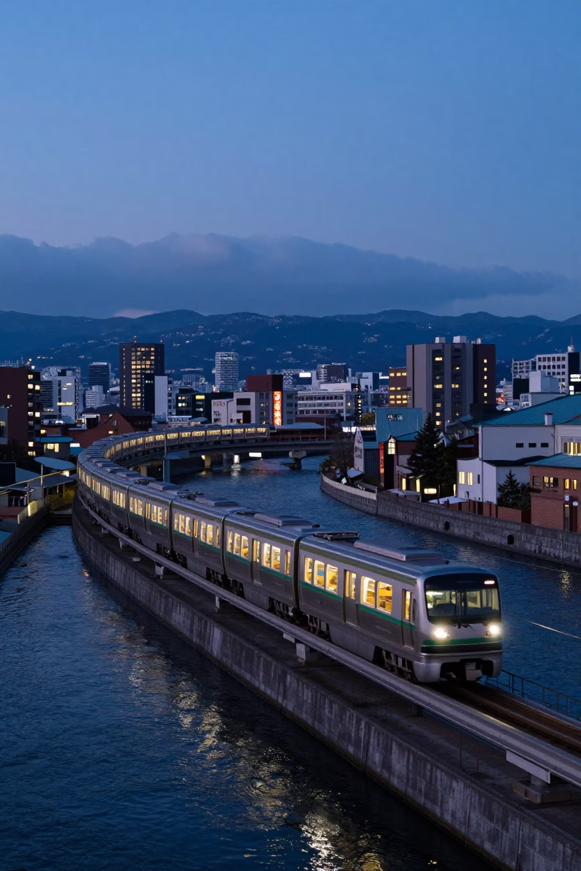 Sapporo Japan Early Evening Monorail Sweeping Over River Blue Hour Cityscape in in Sapporo, Japan