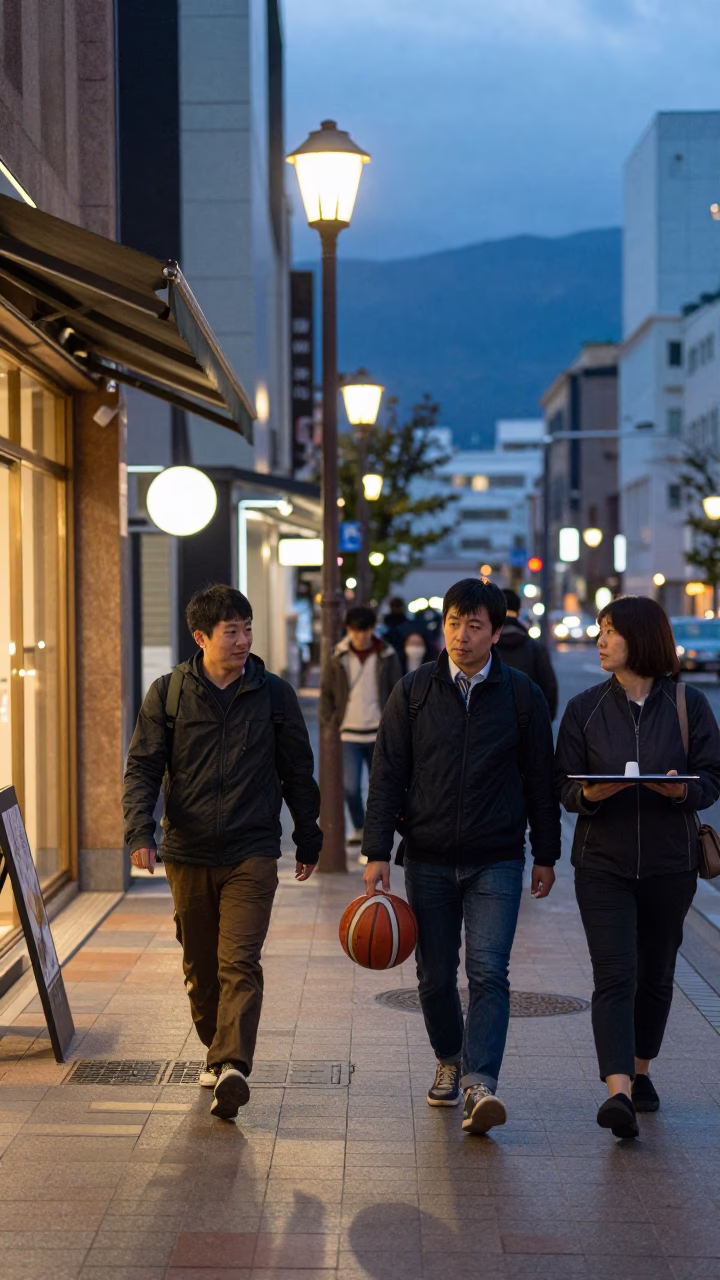 Sapporo Japan early evening street scene with local pedestrians and urban details in in Sapporo, Japan