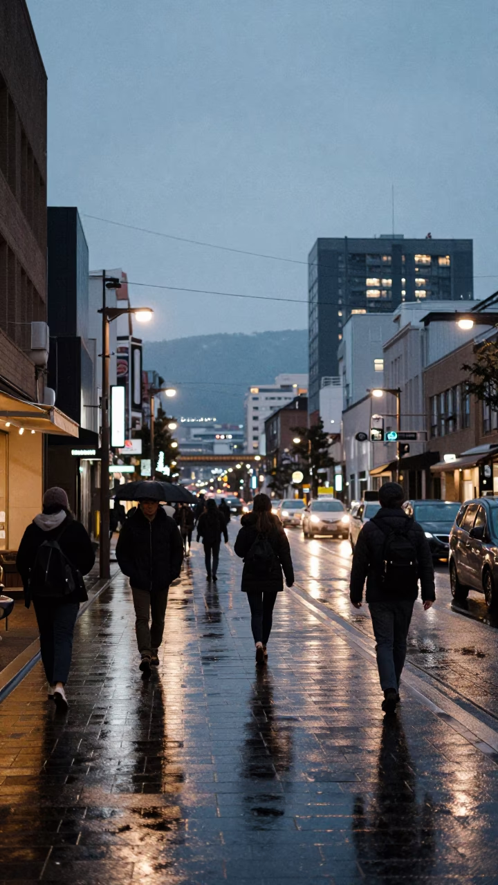 Sapporo Japan Early Evening Street Scene With Night Lights And Fruit Crate in in Sapporo, Japan